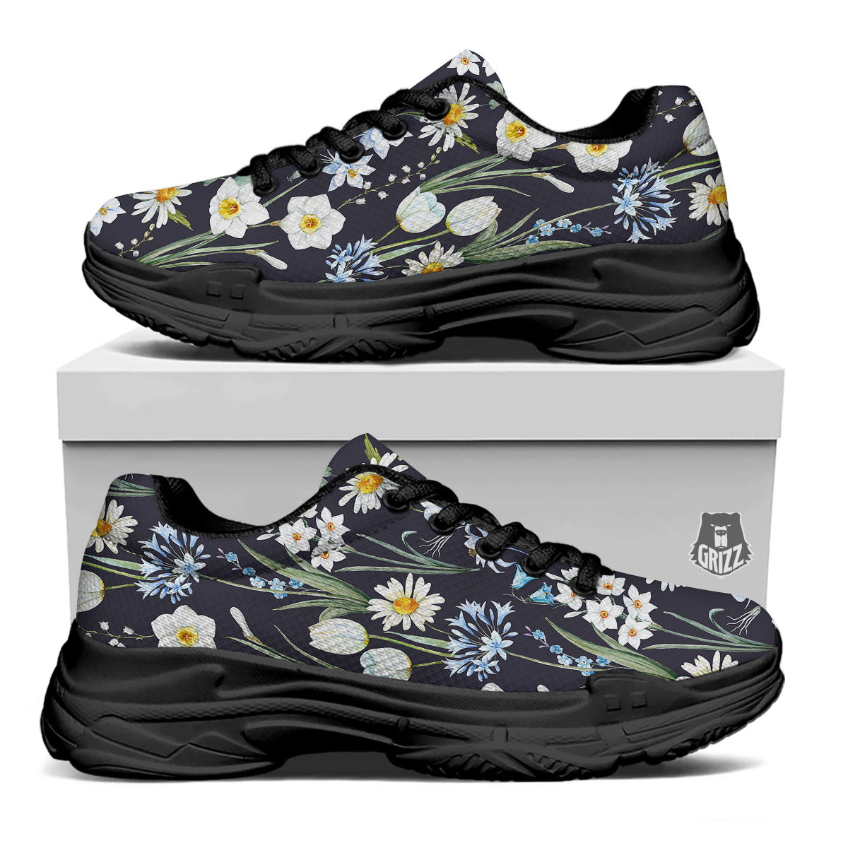 Flower White Daffodil Print Pattern Black Chunky Shoes-grizzshop