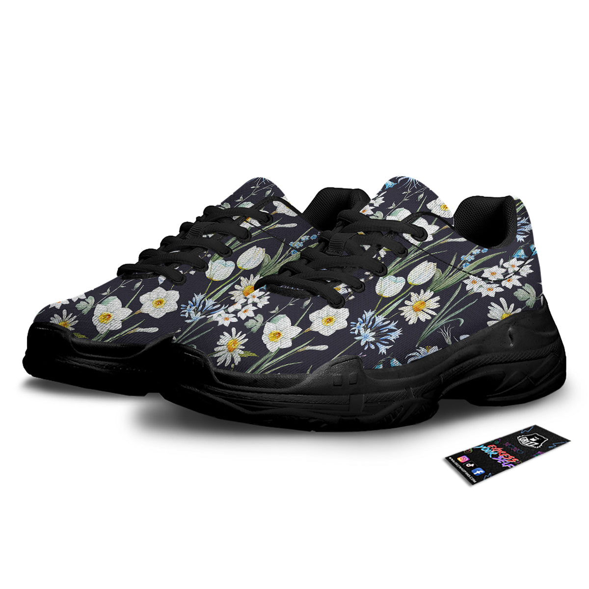 Flower White Daffodil Print Pattern Black Chunky Shoes-grizzshop