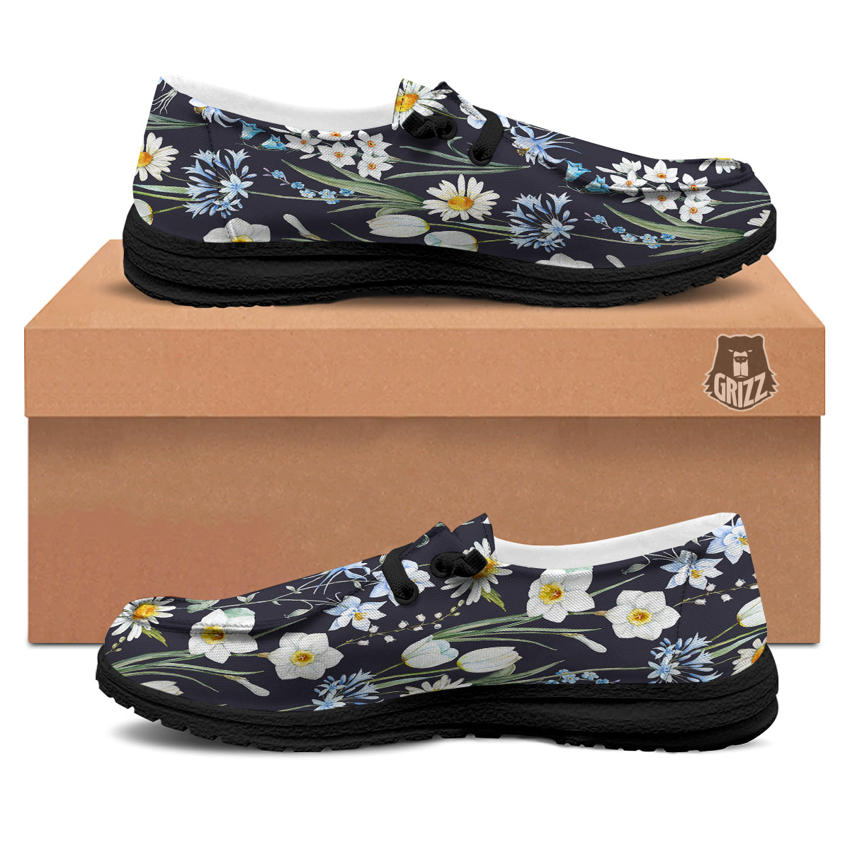 Flower White Daffodil Print Pattern Black Loafers-grizzshop