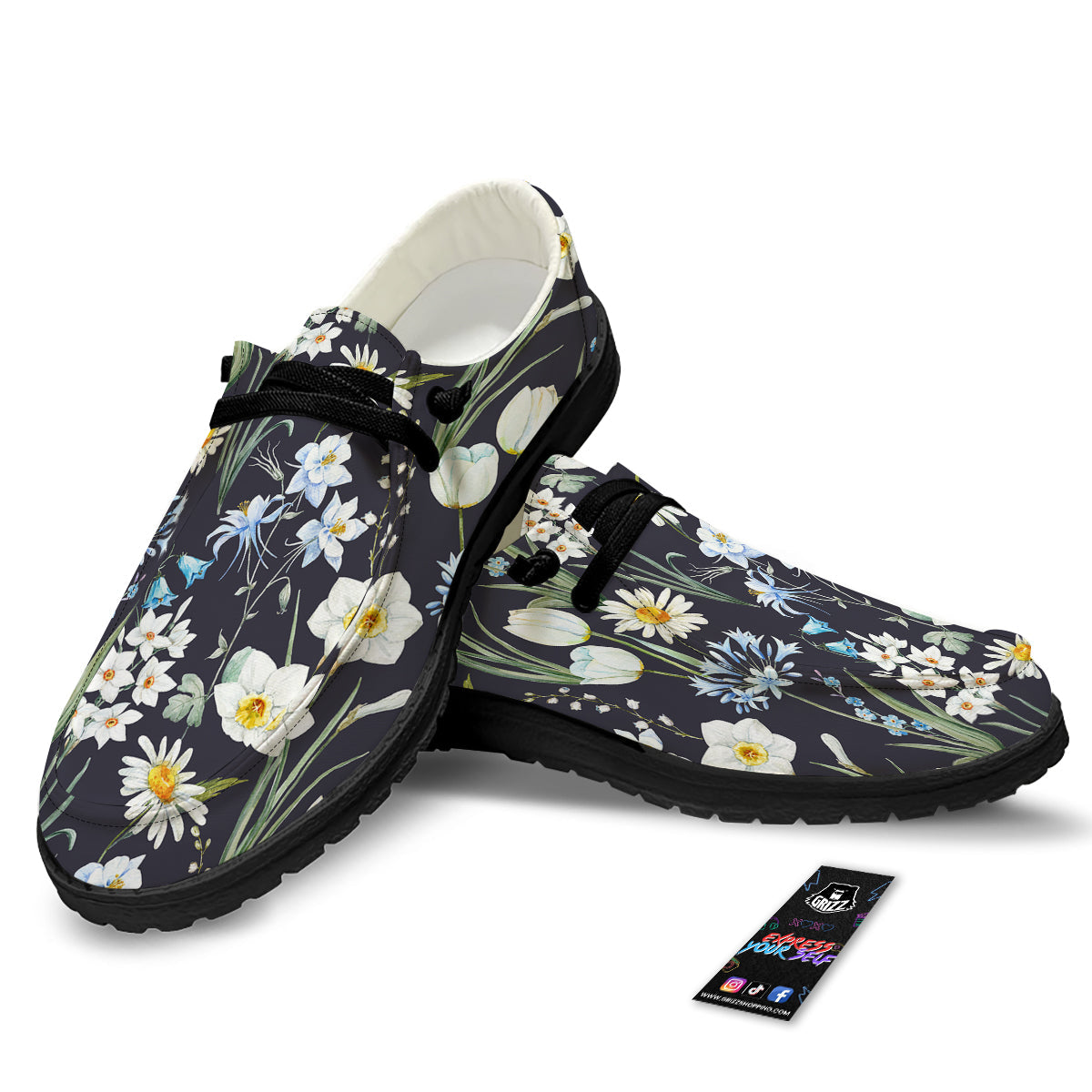 Flower White Daffodil Print Pattern Black Loafers-grizzshop