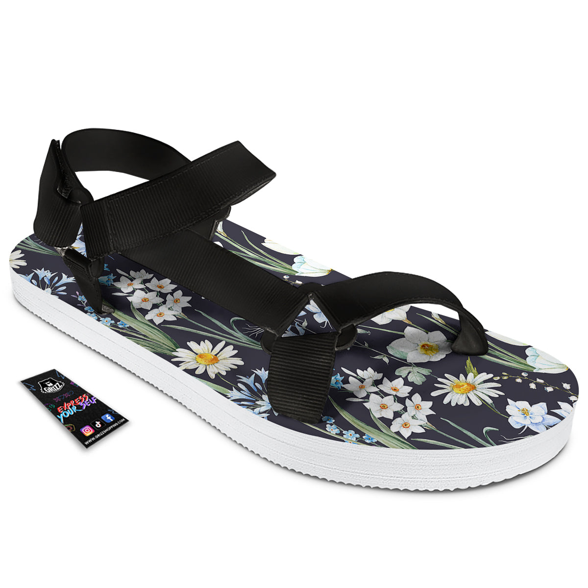 Flower White Daffodil Print Pattern Black Open Toe Sandals-grizzshop