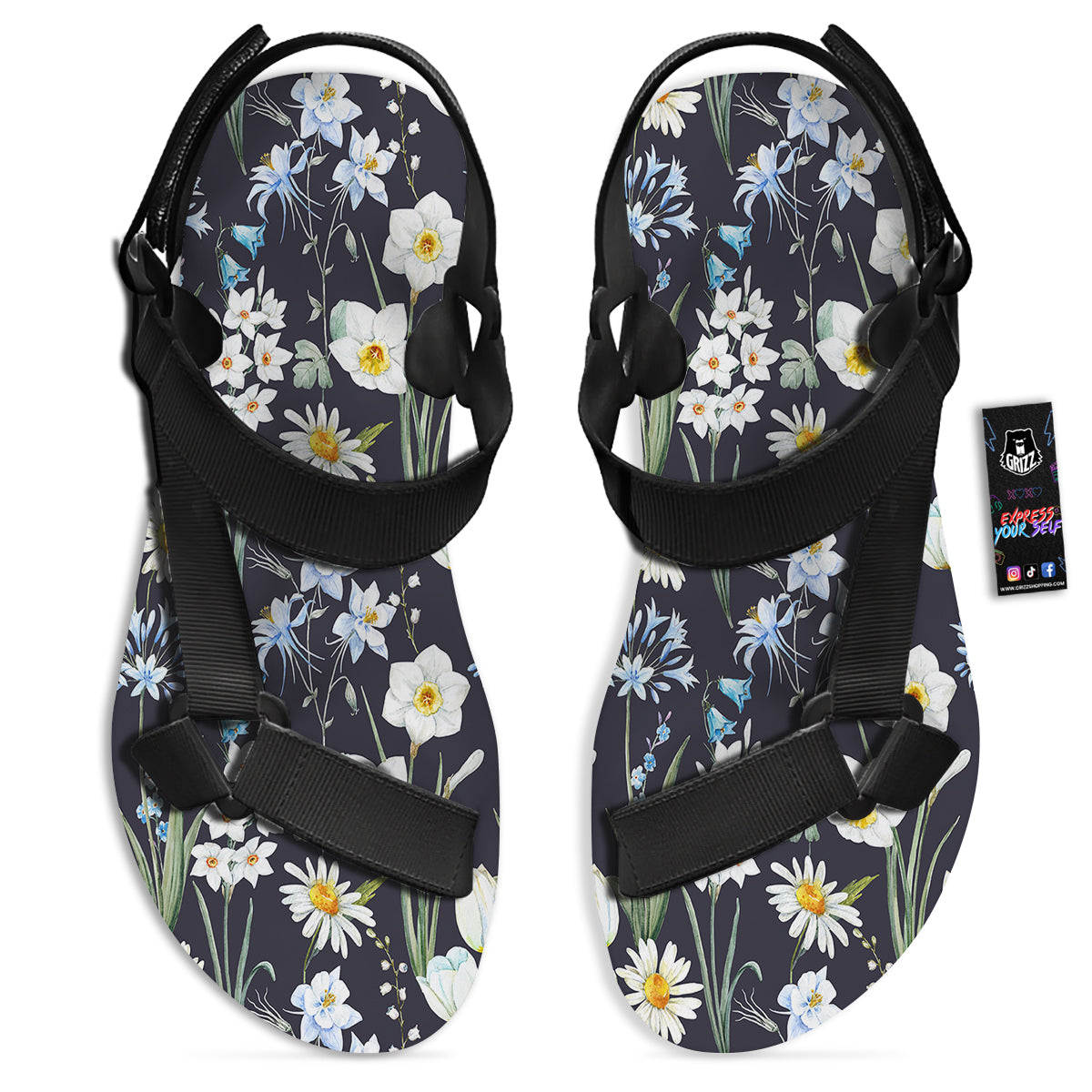 Flower White Daffodil Print Pattern Black Open Toe Sandals-grizzshop