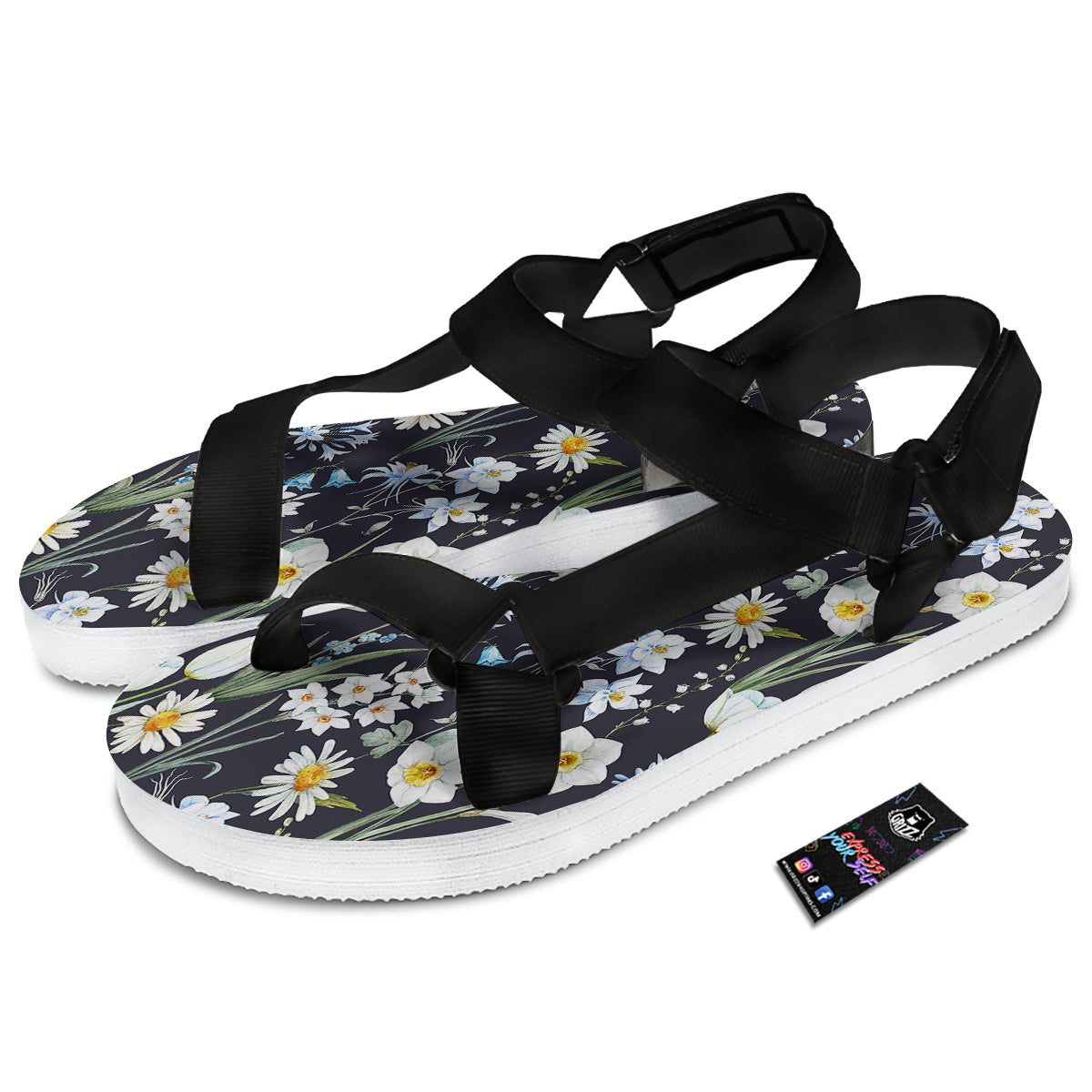 Flower White Daffodil Print Pattern Black Open Toe Sandals-grizzshop