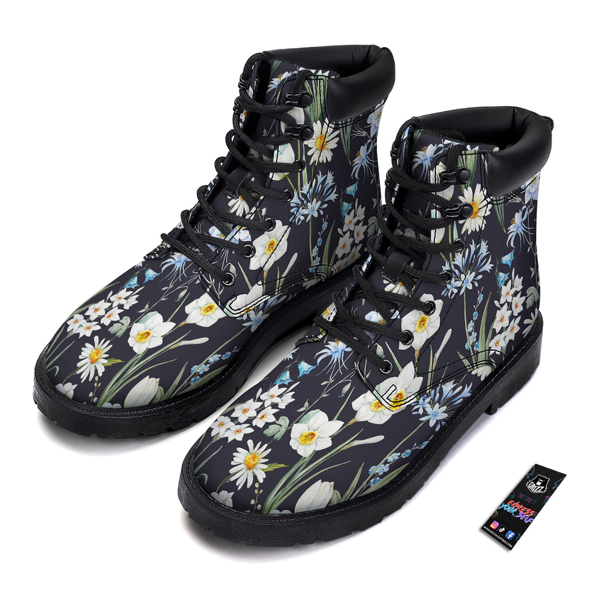 Flower White Daffodil Print Pattern Boots-grizzshop
