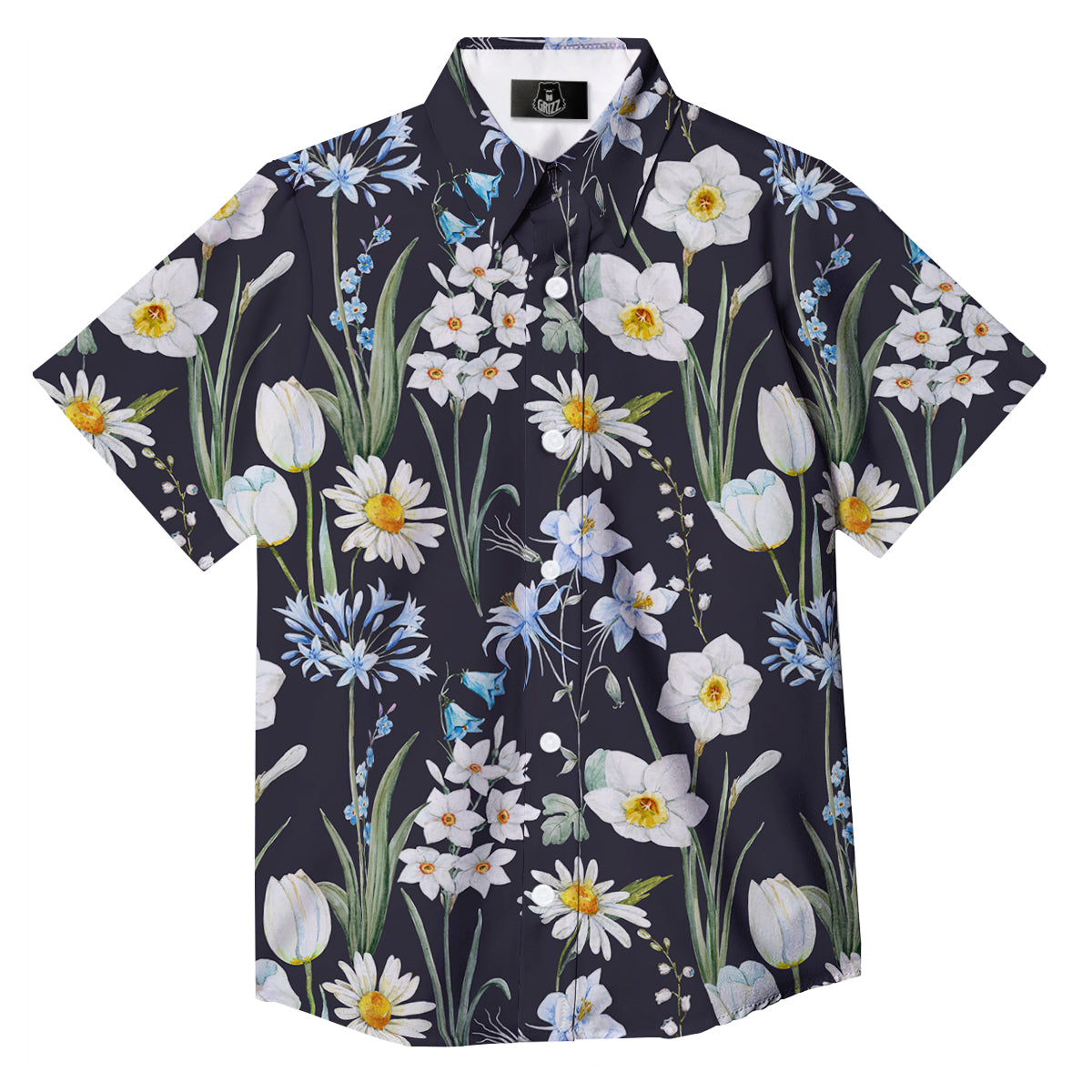 Flower White Daffodil Print Pattern Button Up Shirt-grizzshop