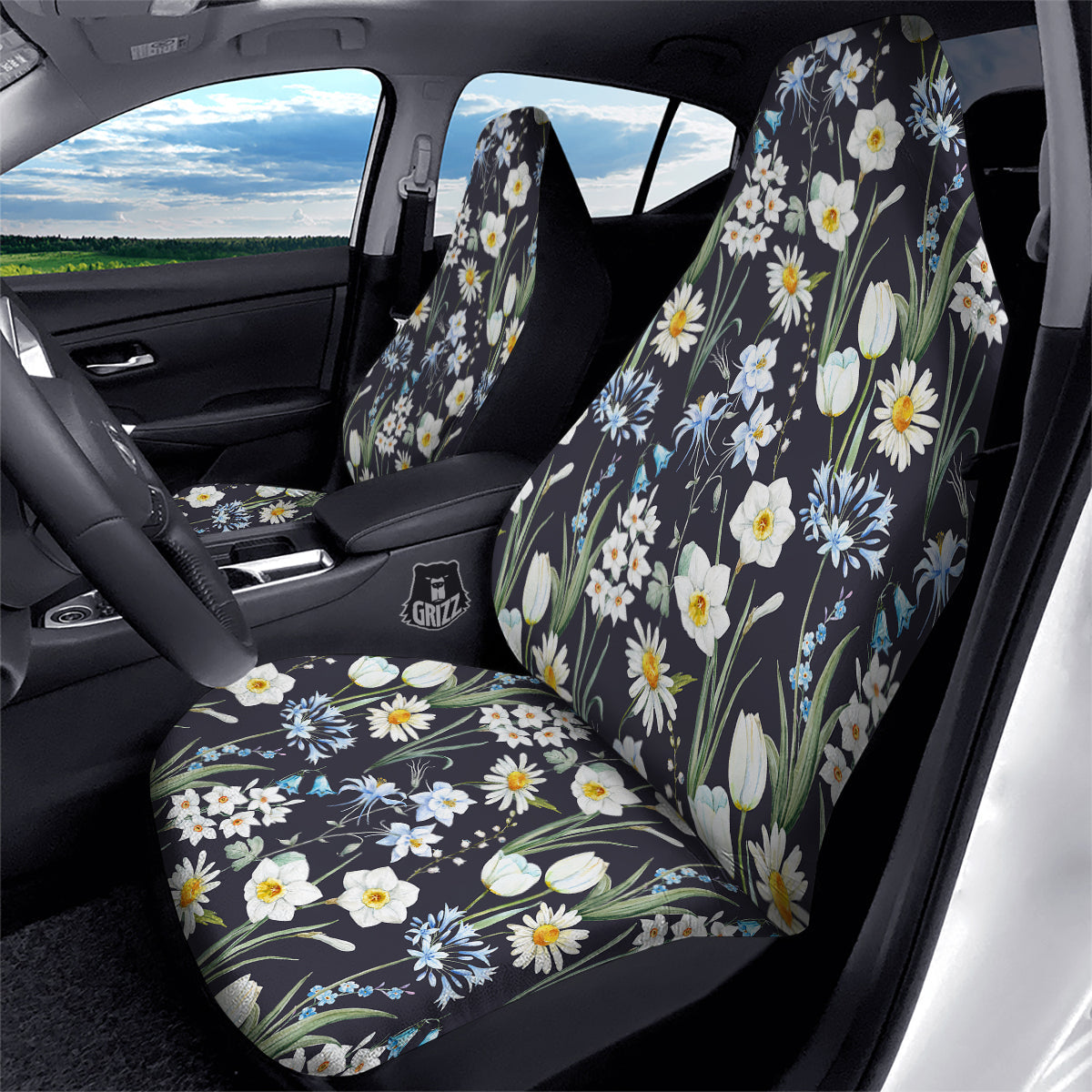 Flower White Daffodil Print Pattern Car Seat Covers-grizzshop