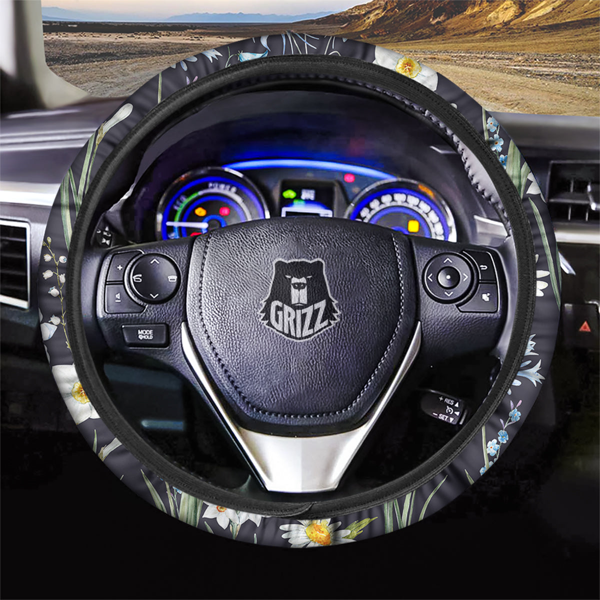 Flower White Daffodil Print Pattern Car Steering Wheel Cover-grizzshop