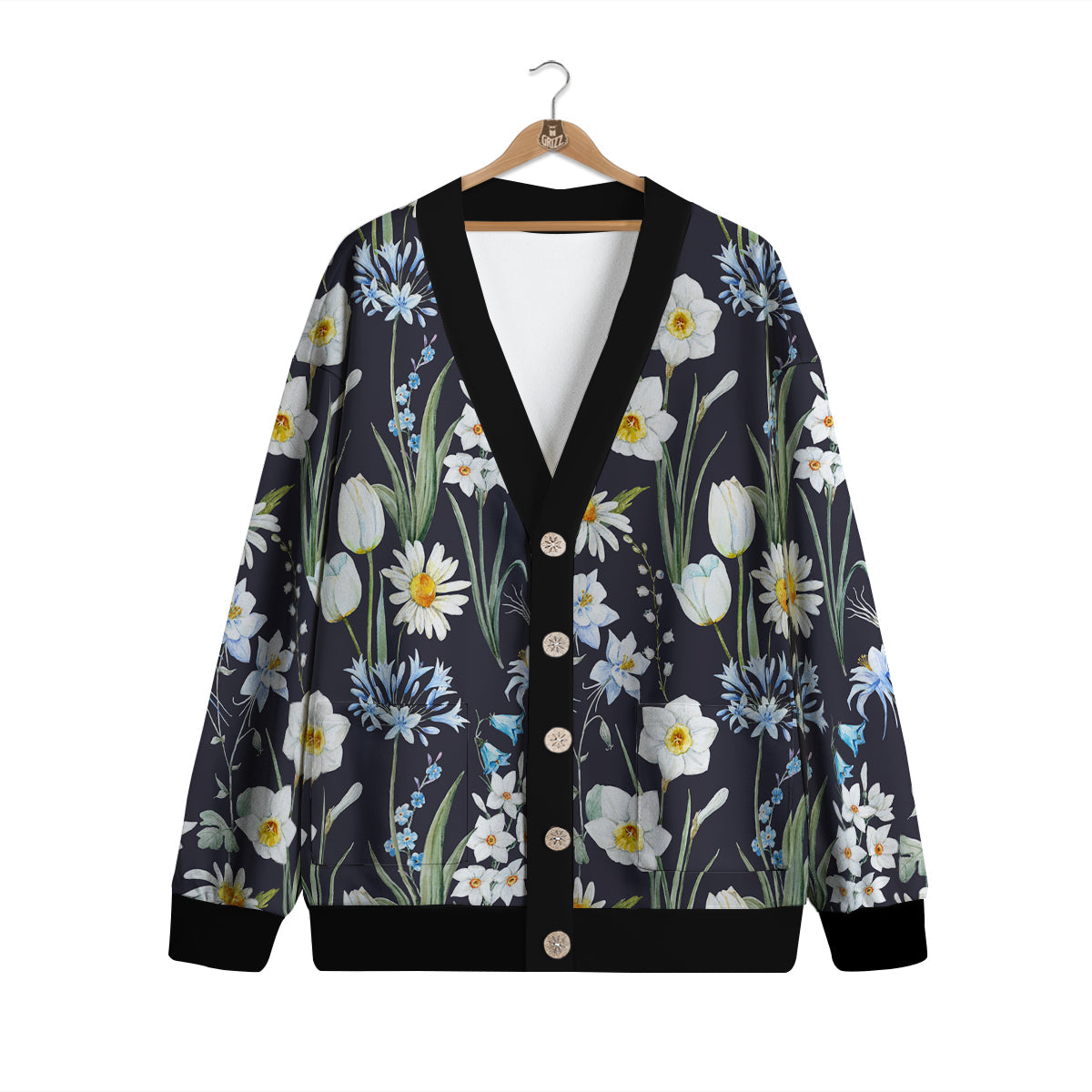 Flower White Daffodil Print Pattern Cardigan-grizzshop