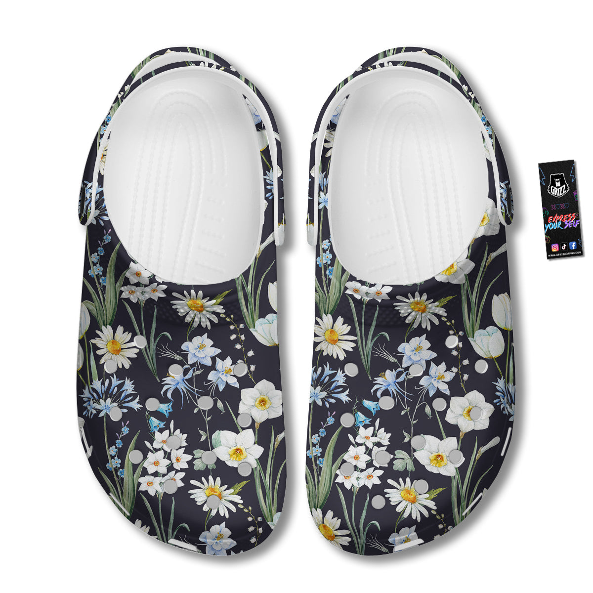 Flower White Daffodil Print Pattern Clog-grizzshop