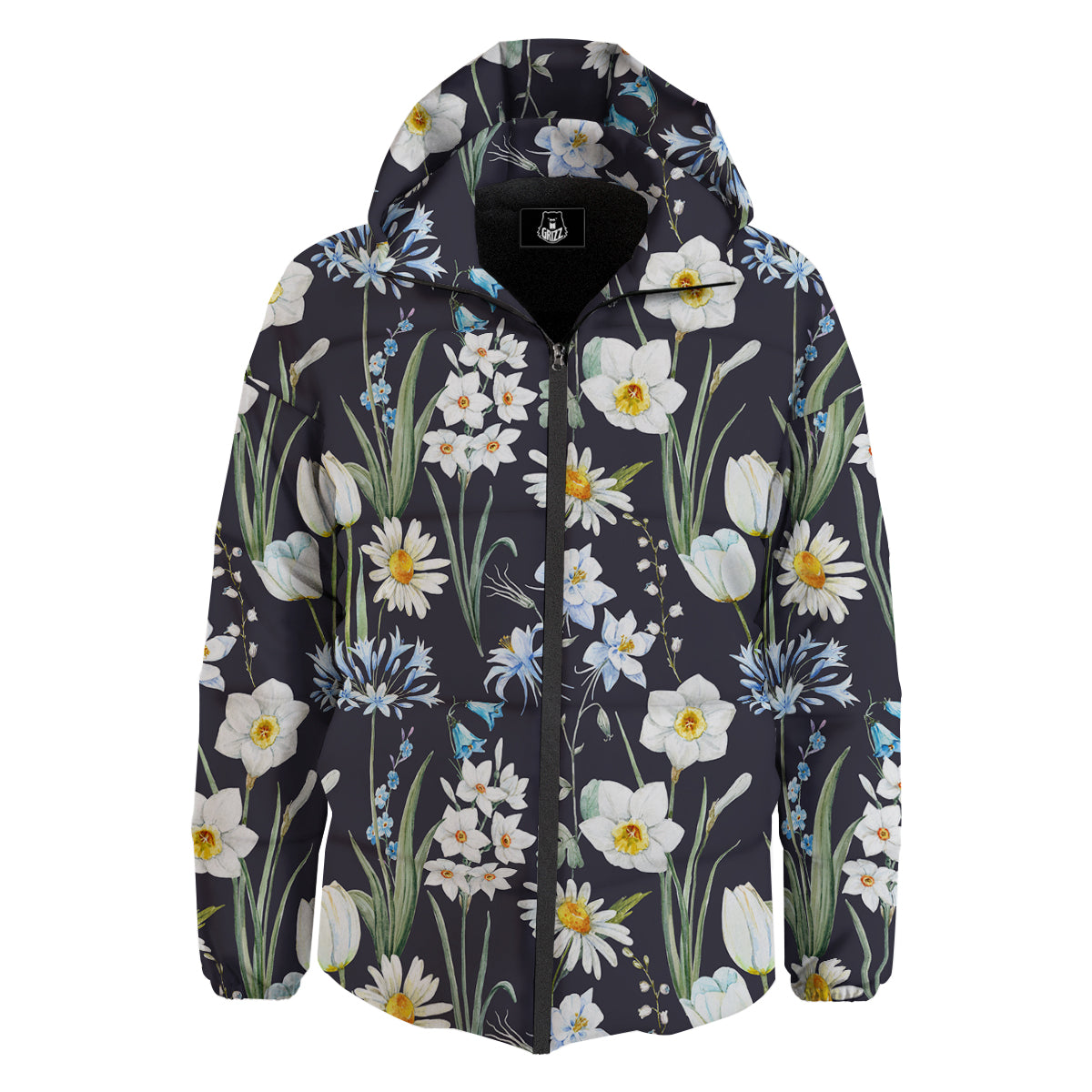 Flower White Daffodil Print Pattern Down Jacket-grizzshop