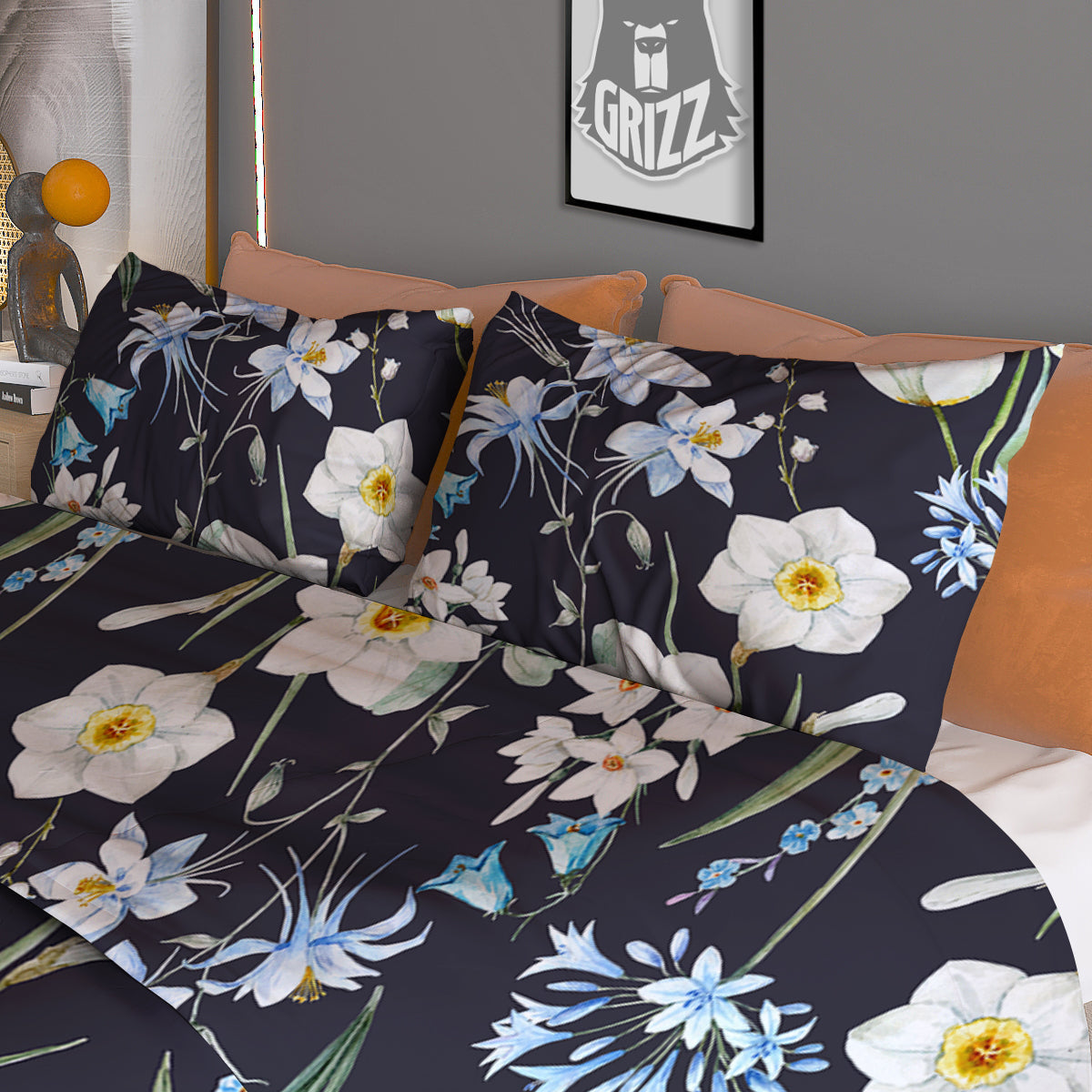 Flower White Daffodil Print Pattern Duvet Cover Bedding Set