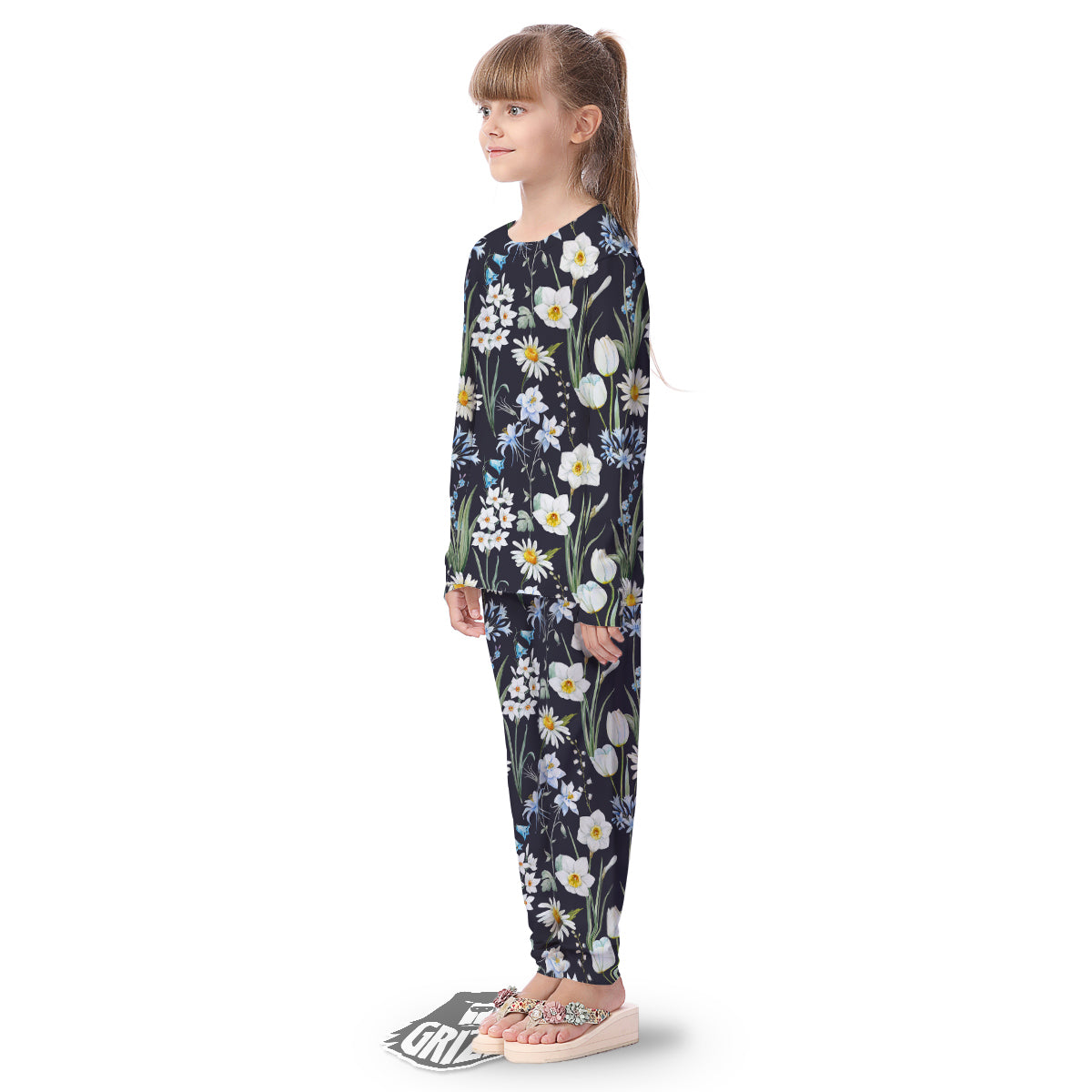 Flower White Daffodil Print Pattern Kid's Pajamas-grizzshop
