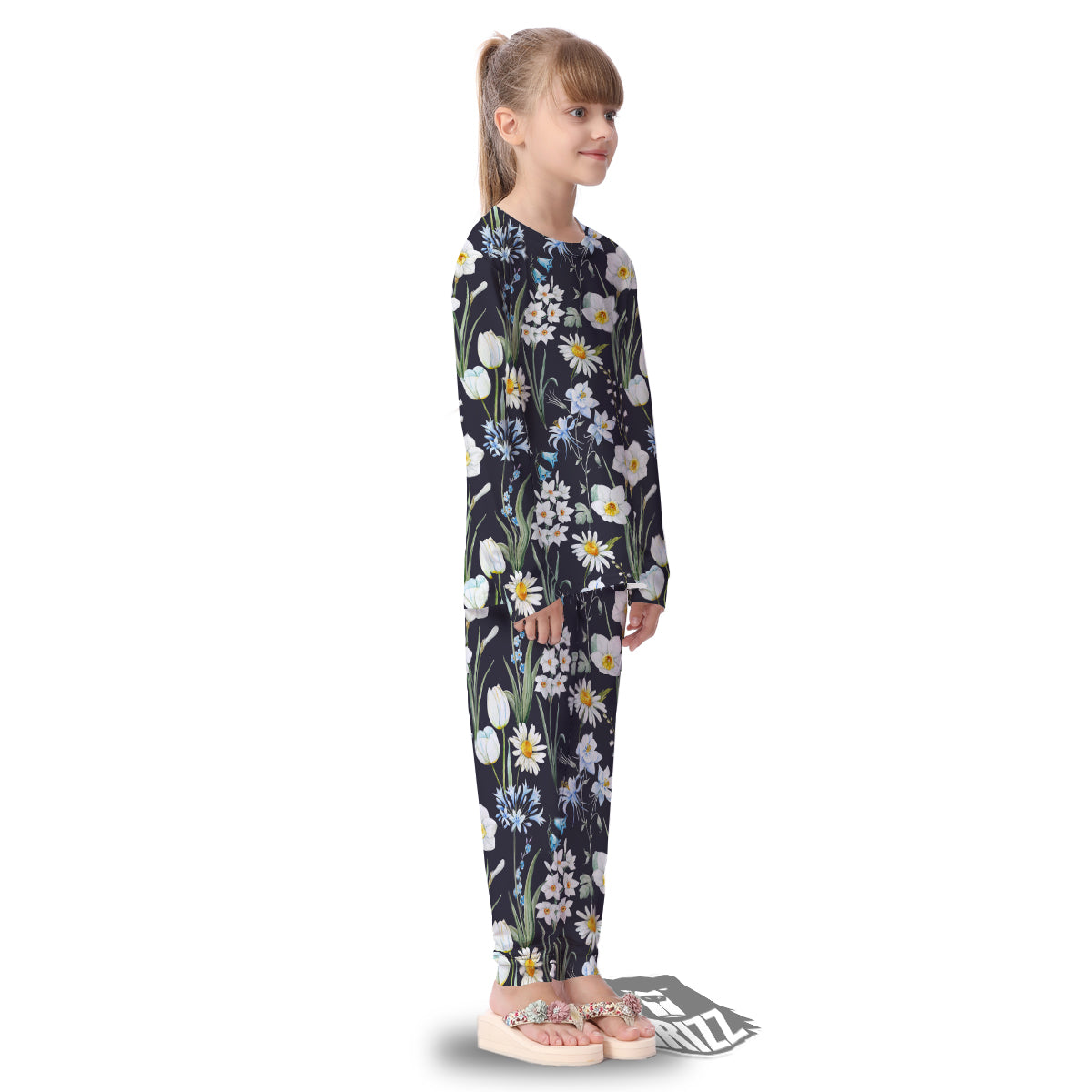 Flower White Daffodil Print Pattern Kid's Pajamas-grizzshop