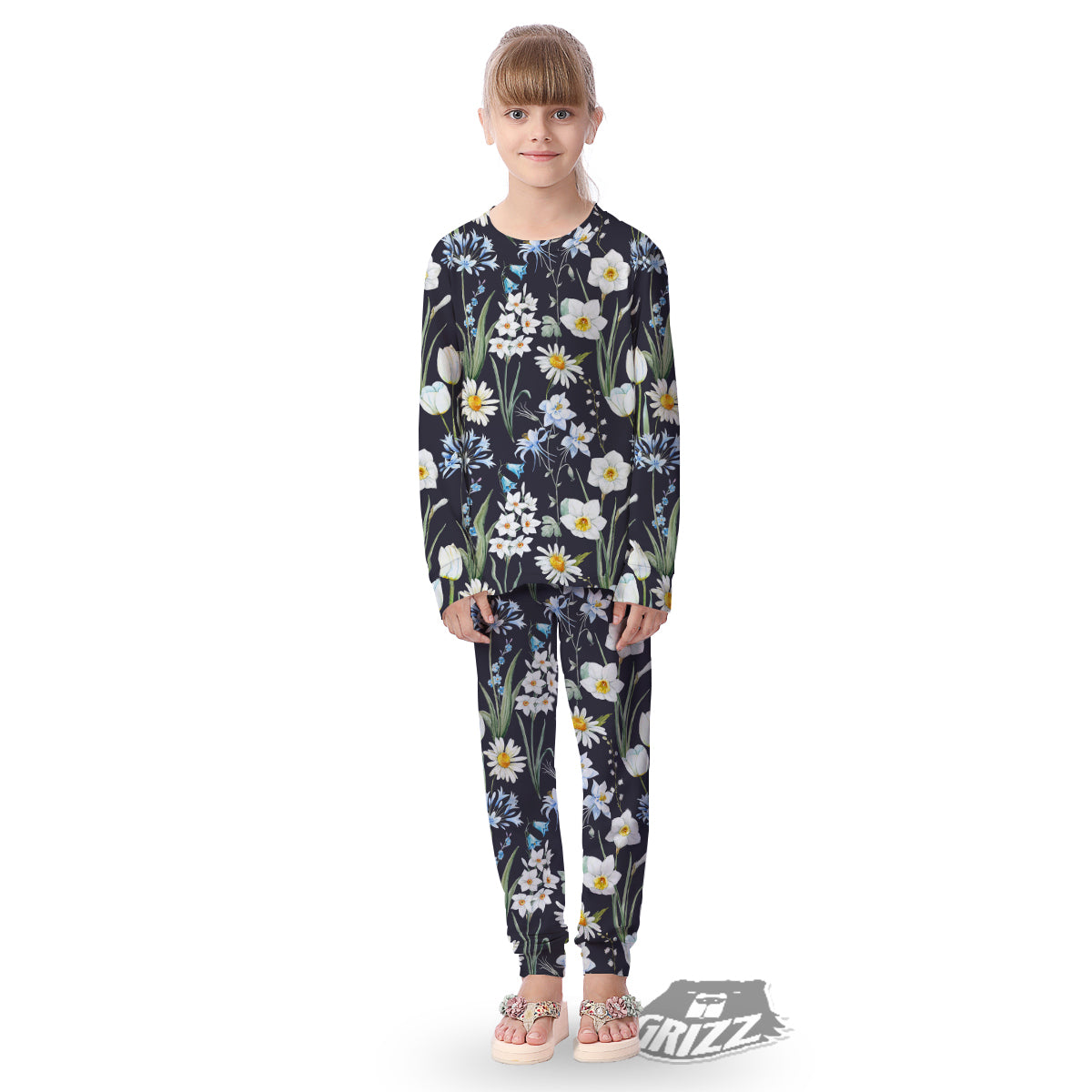 Flower White Daffodil Print Pattern Kid's Pajamas-grizzshop