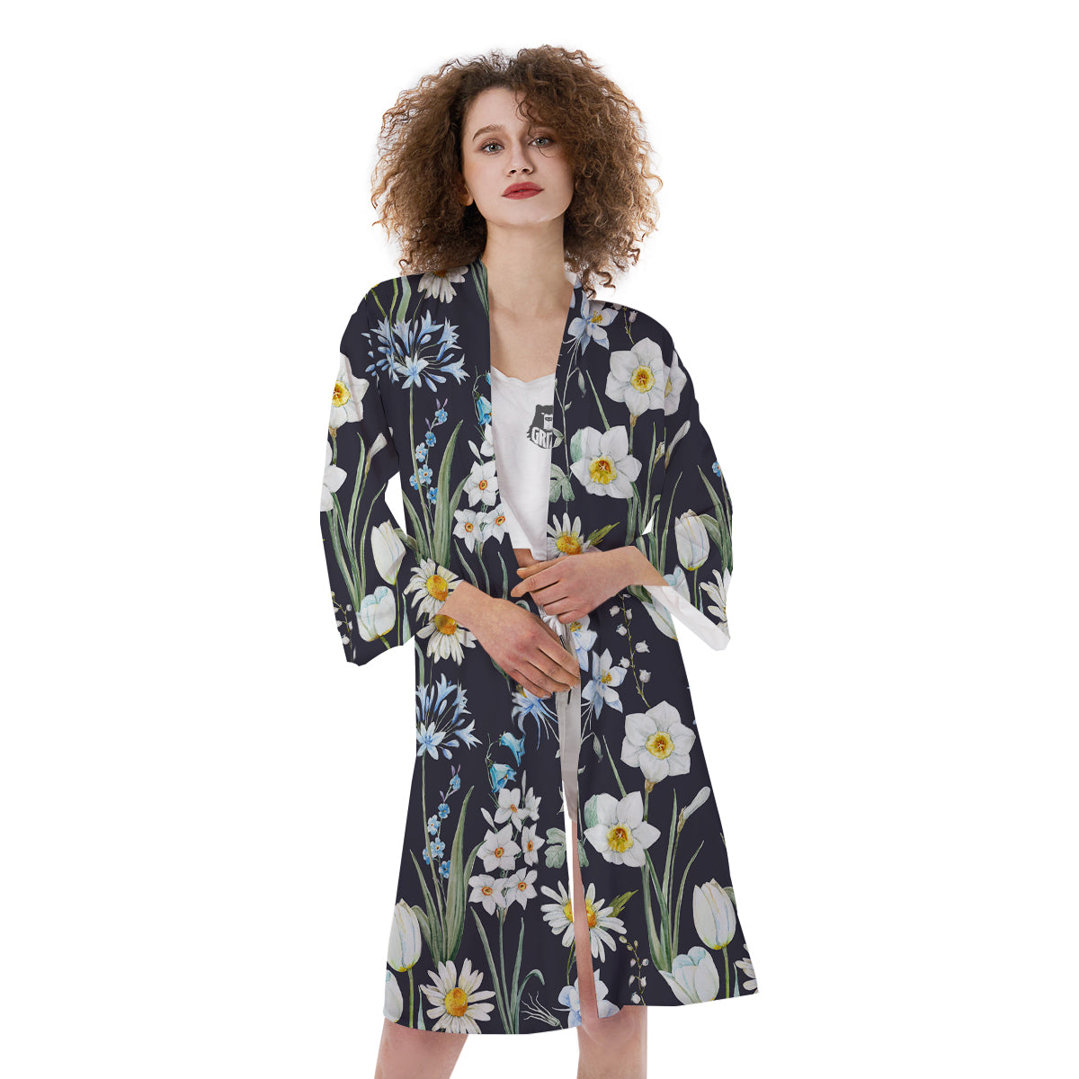 Flower White Daffodil Print Pattern Kimono-grizzshop