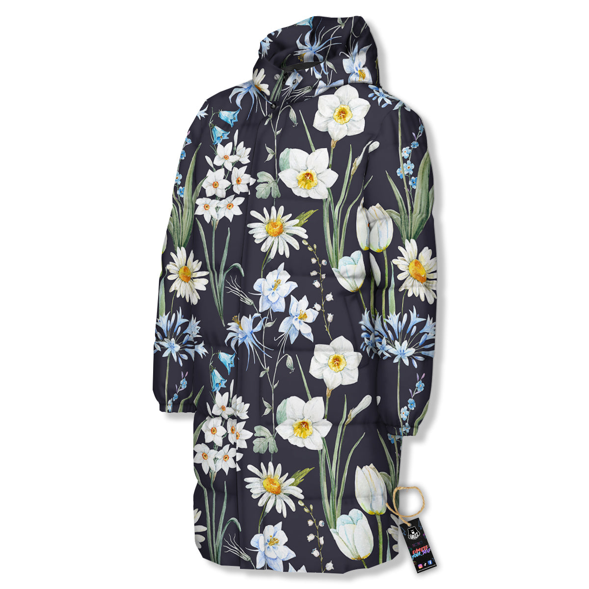Flower White Daffodil Print Pattern Long Down Jacket-grizzshop