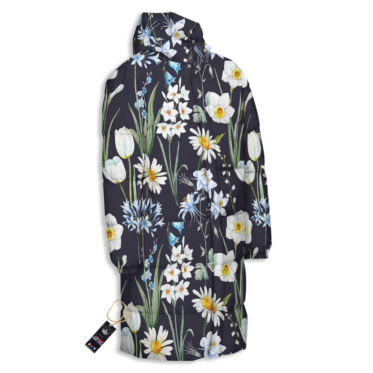 Flower White Daffodil Print Pattern Long Down Jacket-grizzshop