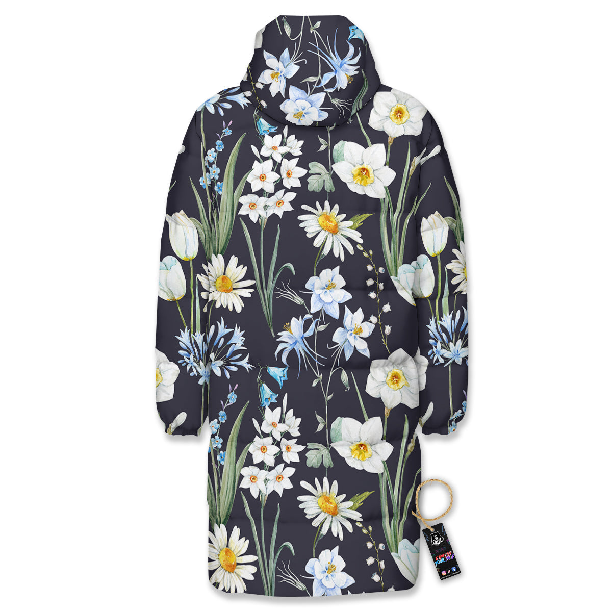 Flower White Daffodil Print Pattern Long Down Jacket-grizzshop