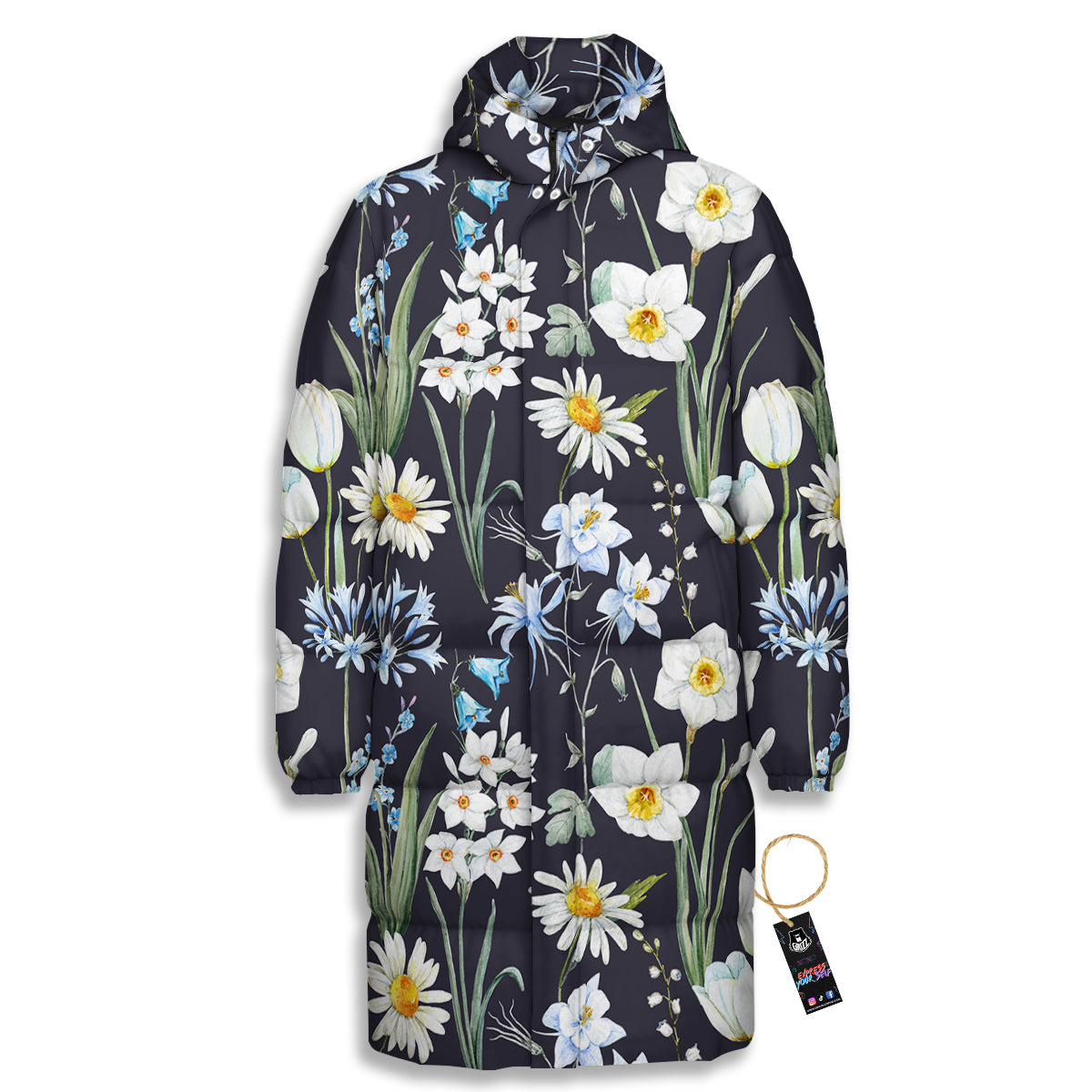 Flower White Daffodil Print Pattern Long Down Jacket-grizzshop