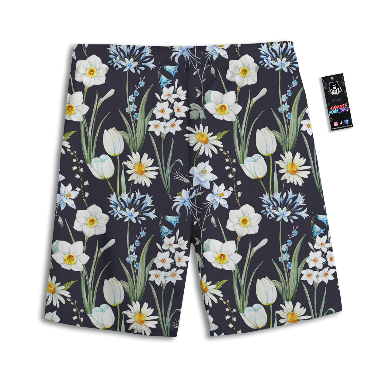 Flower White Daffodil Print Pattern Men's Athletic Shorts
