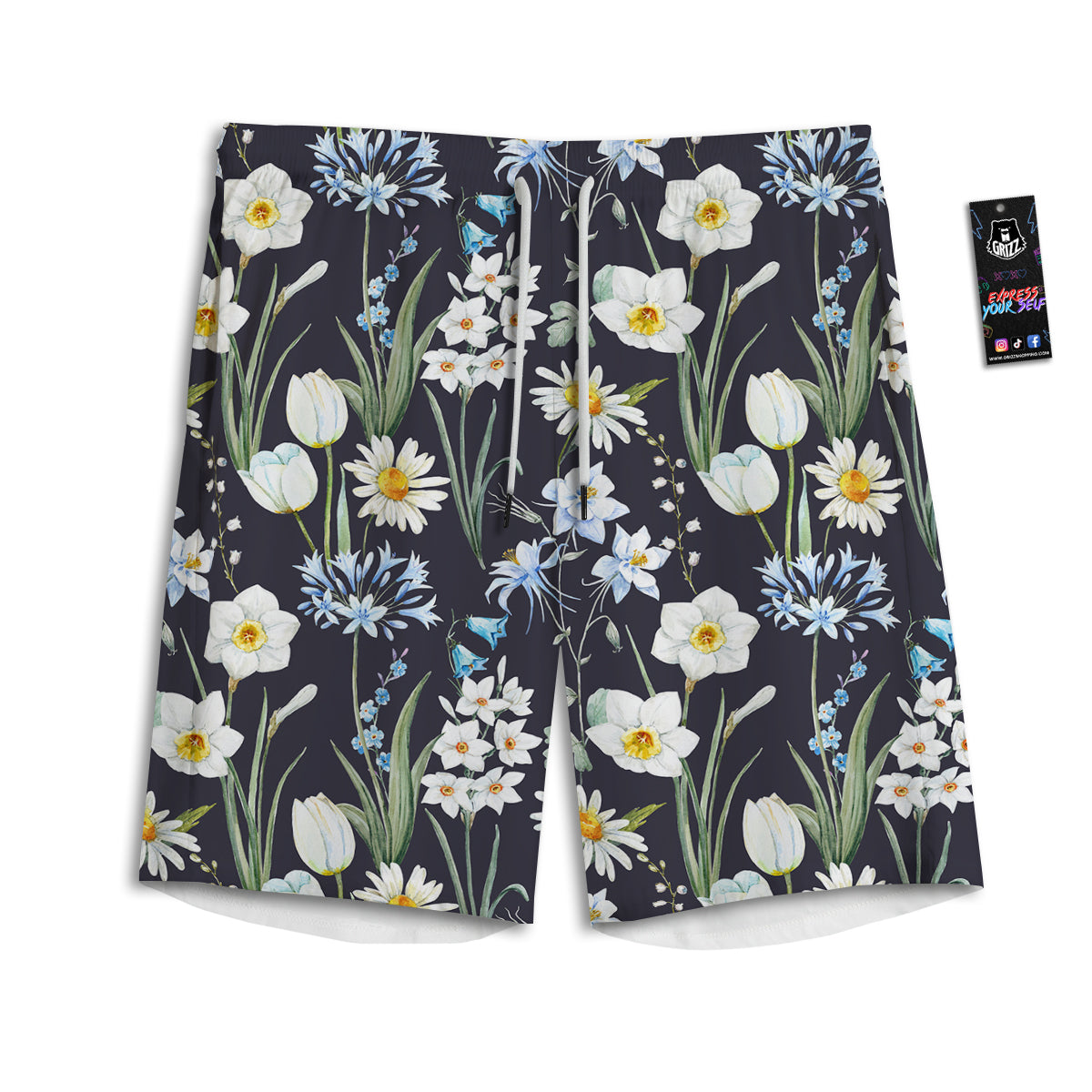 Flower White Daffodil Print Pattern Men's Athletic Shorts
