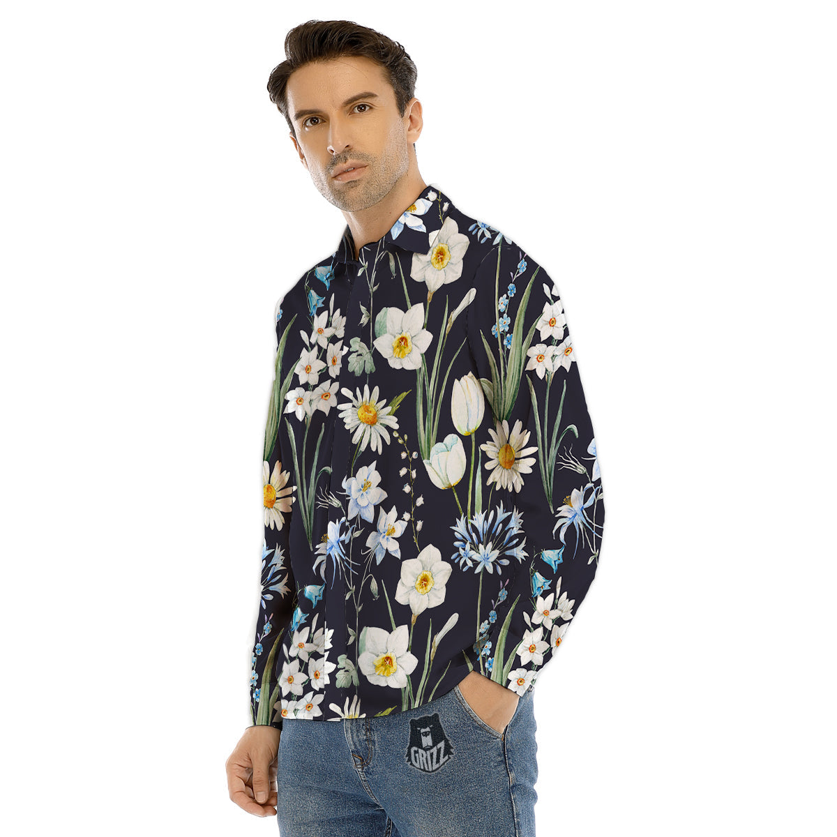 Flower White Daffodil Print Pattern Men's Dress Shirts-grizzshop