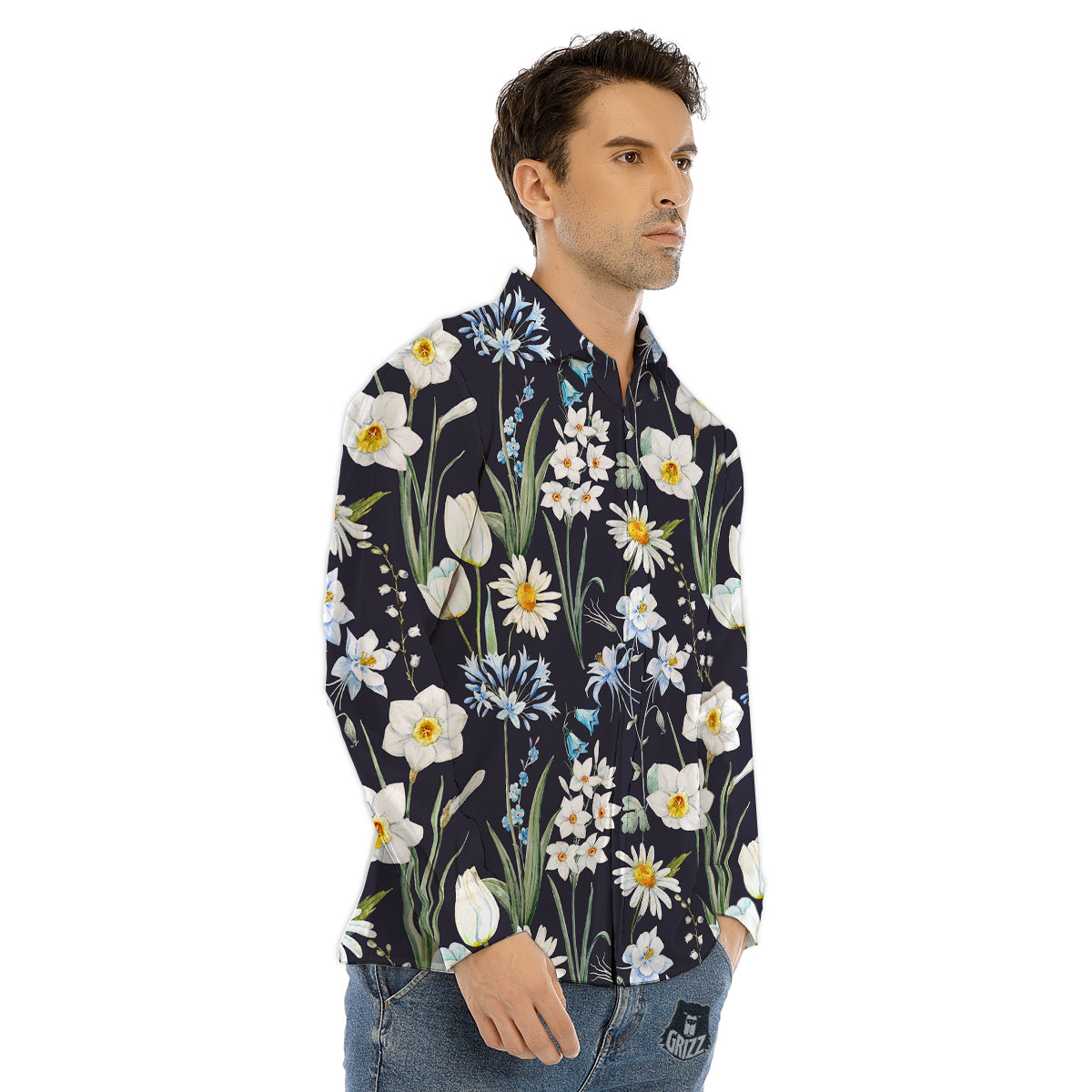 Flower White Daffodil Print Pattern Men's Dress Shirts-grizzshop