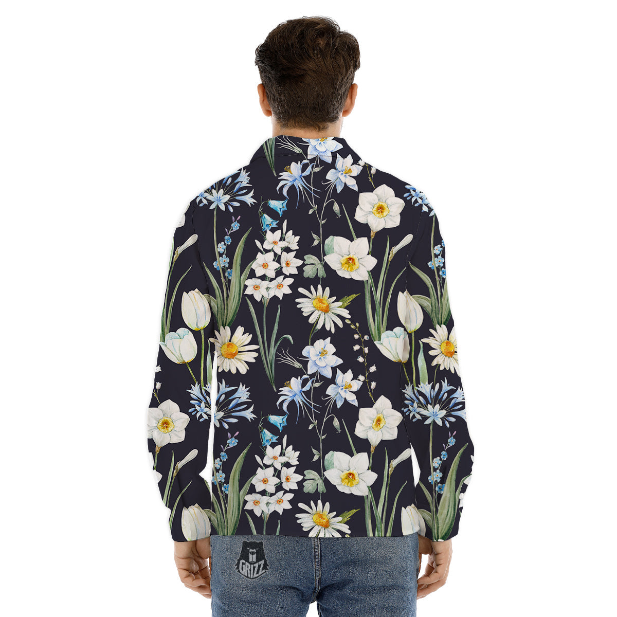 Flower White Daffodil Print Pattern Men's Dress Shirts-grizzshop