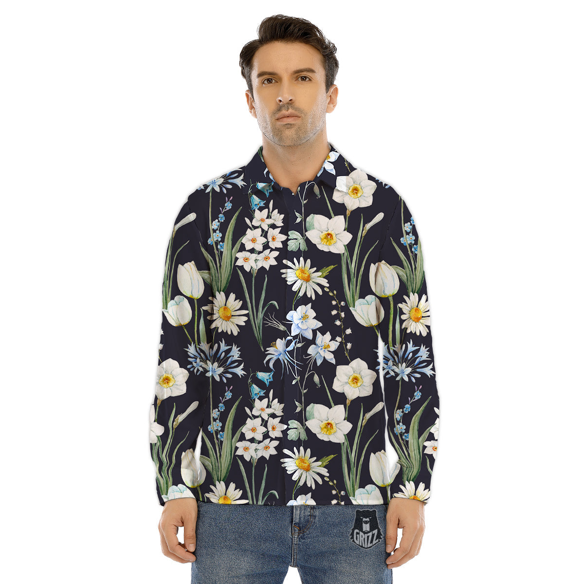 Flower White Daffodil Print Pattern Men's Dress Shirts-grizzshop