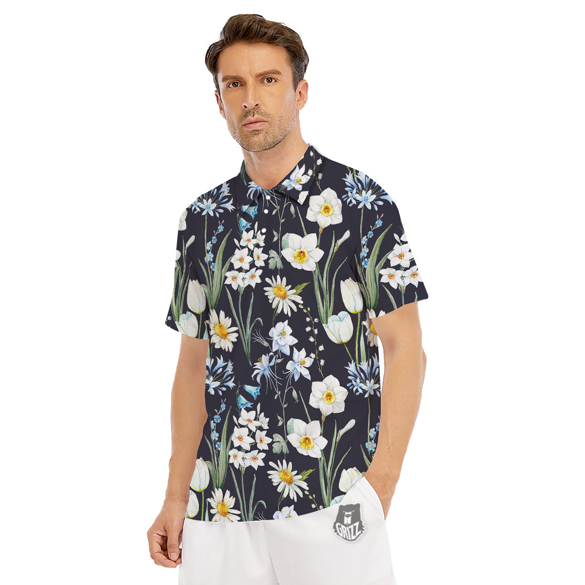 Flower White Daffodil Print Pattern Men's Golf Shirts-grizzshop