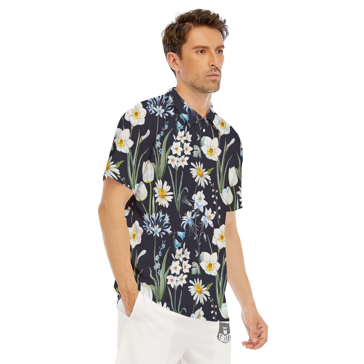 Flower White Daffodil Print Pattern Men's Golf Shirts-grizzshop