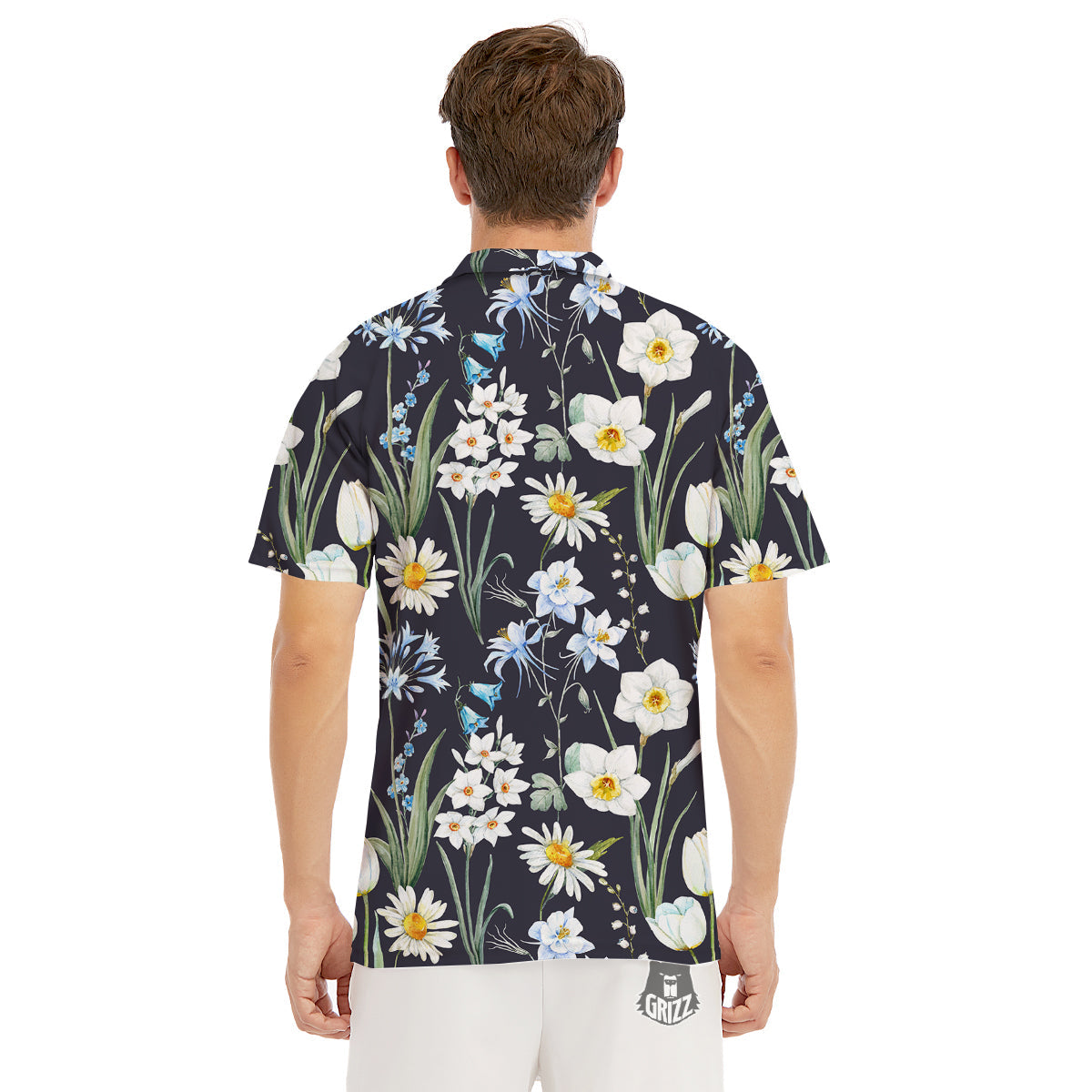 Flower White Daffodil Print Pattern Men's Golf Shirts-grizzshop
