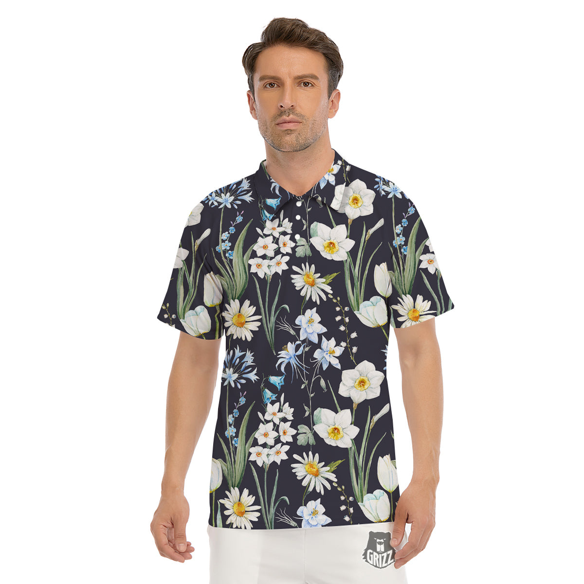 Flower White Daffodil Print Pattern Men's Golf Shirts-grizzshop