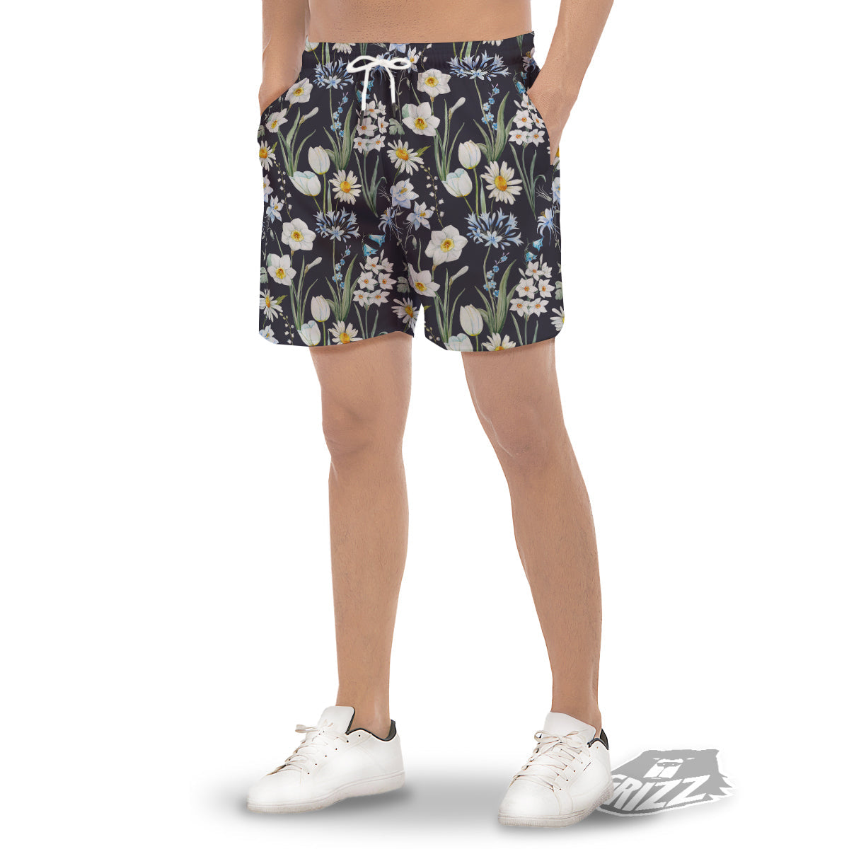 Flower White Daffodil Print Pattern Men's Gym Shorts-grizzshop