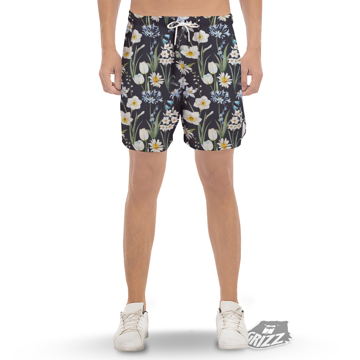 Flower White Daffodil Print Pattern Men's Gym Shorts-grizzshop
