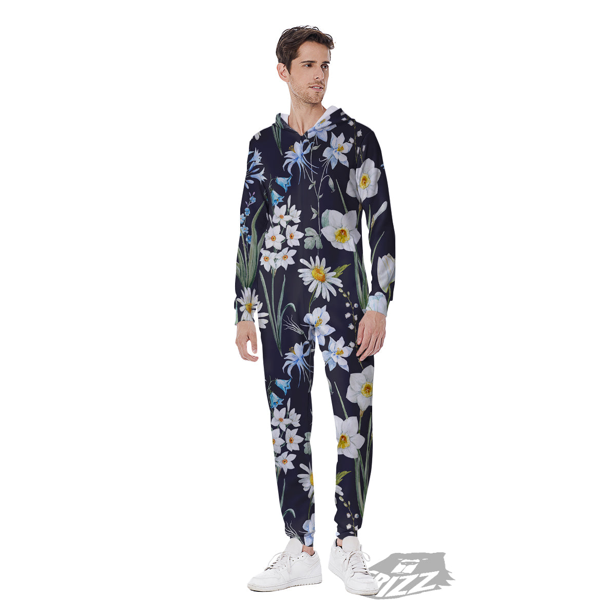 Flower White Daffodil Print Pattern Men's Jumpsuit-grizzshop