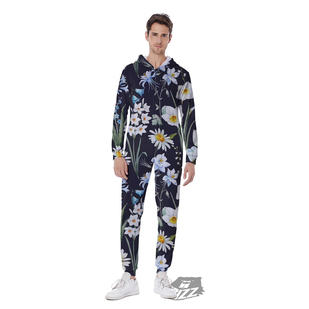 Flower White Daffodil Print Pattern Men's Jumpsuit-grizzshop