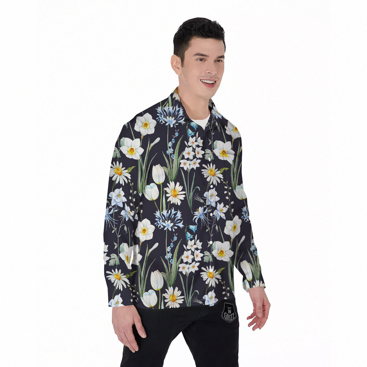 Flower White Daffodil Print Pattern Men's Long Sleeve Shirts-grizzshop