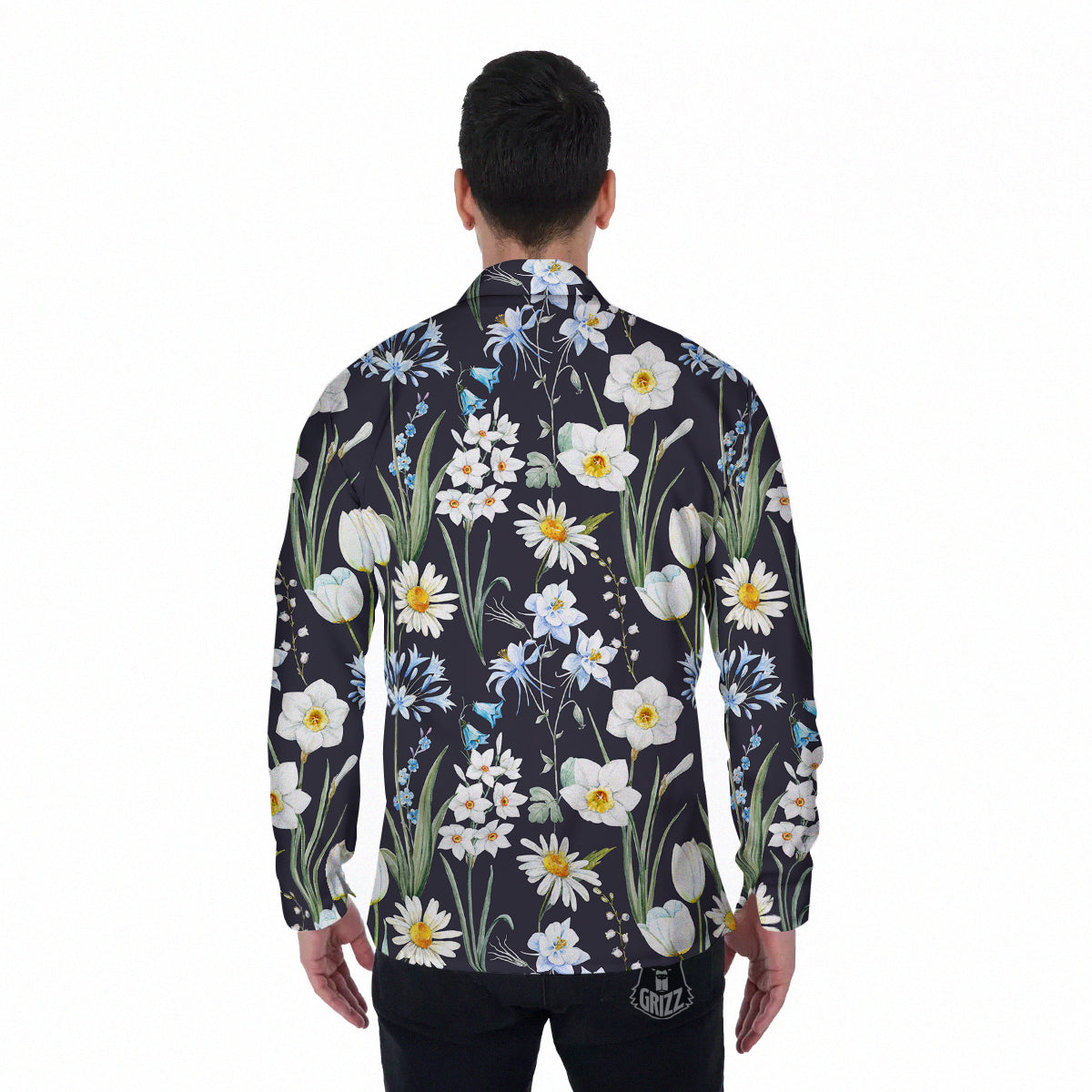 Flower White Daffodil Print Pattern Men's Long Sleeve Shirts-grizzshop