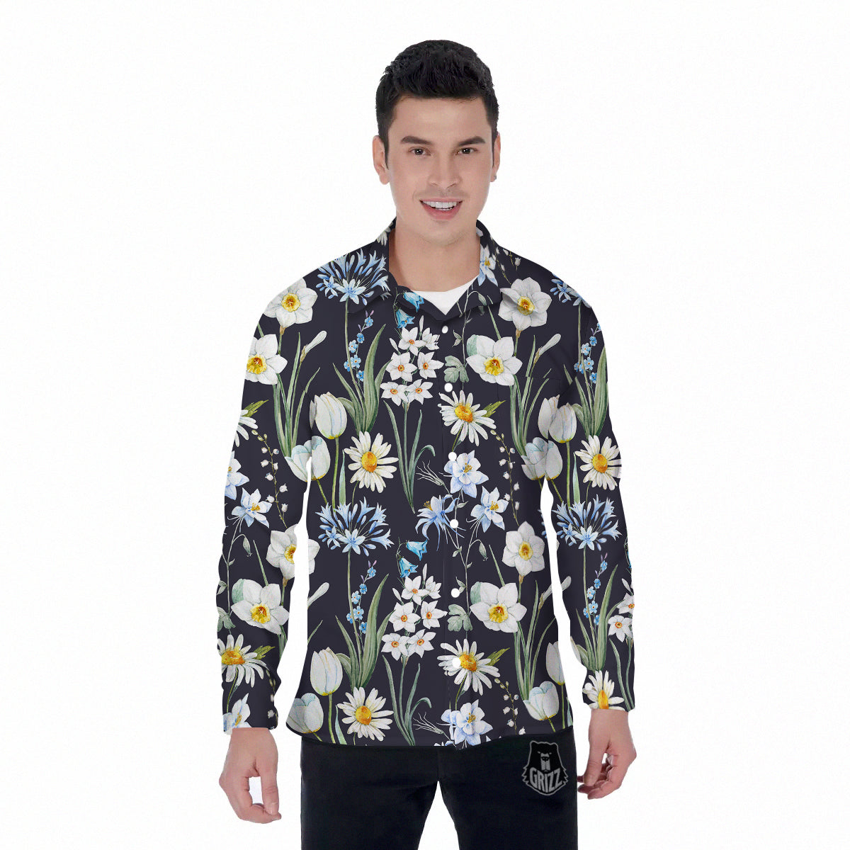 Flower White Daffodil Print Pattern Men's Long Sleeve Shirts-grizzshop