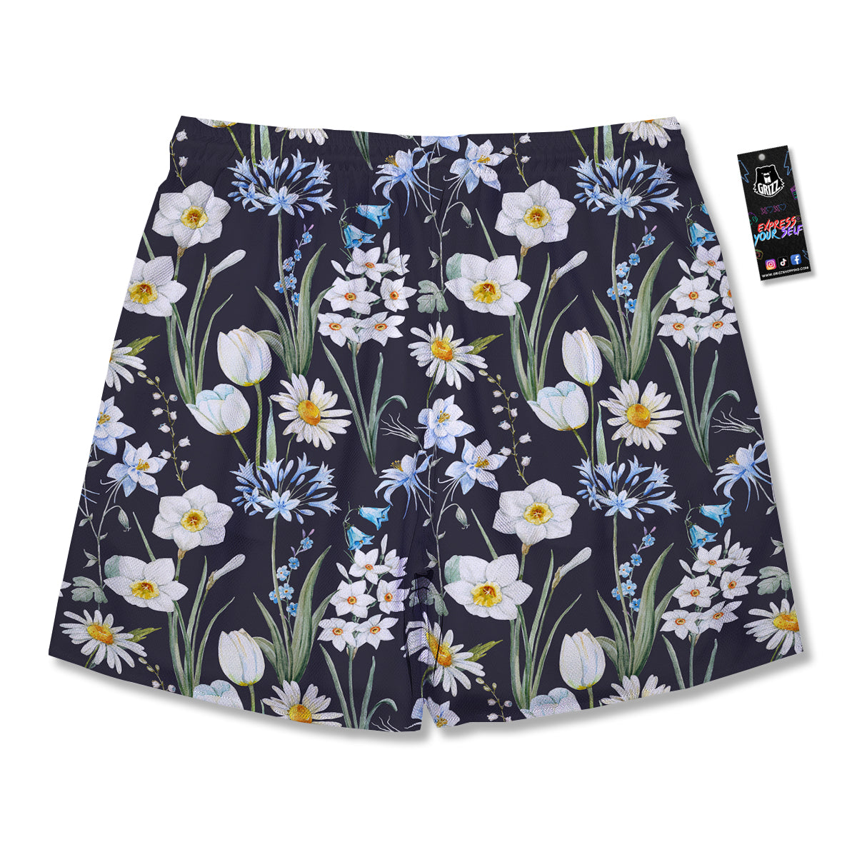 Flower White Daffodil Print Pattern Men's Running Shorts-grizzshop