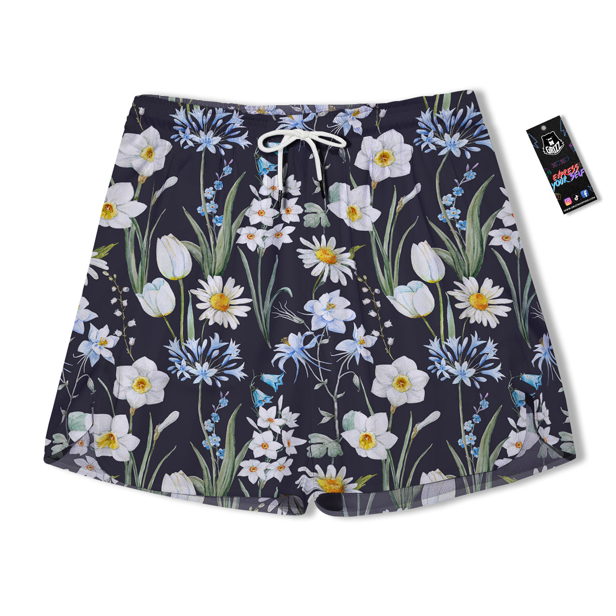 Flower White Daffodil Print Pattern Men's Running Shorts-grizzshop