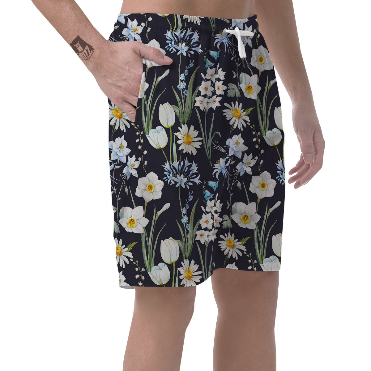 Flower White Daffodil Print Pattern Men's Shorts-grizzshop