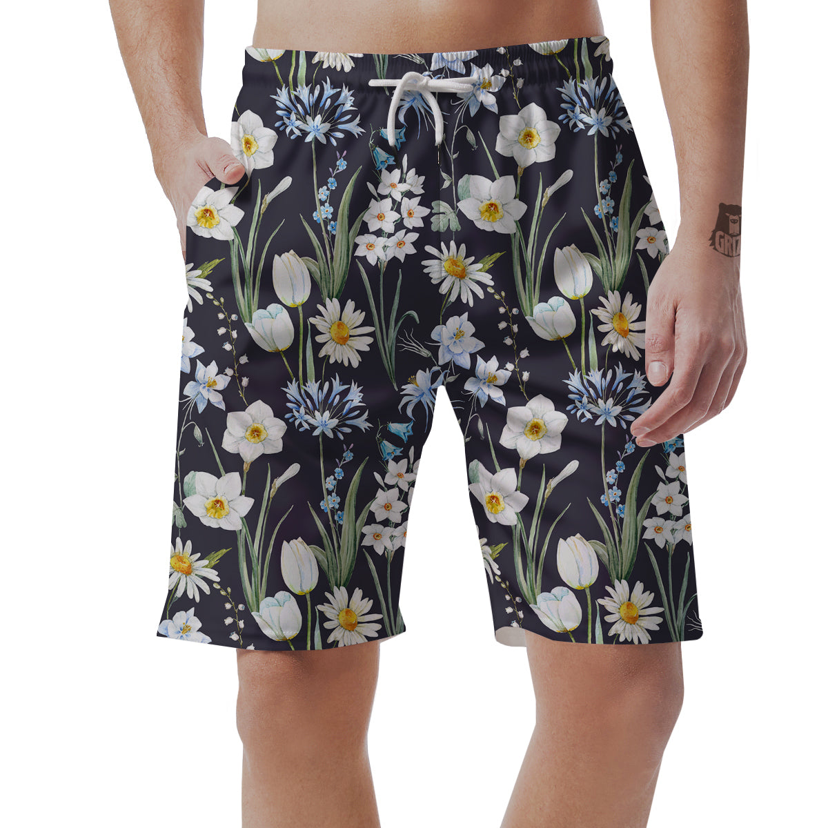 Flower White Daffodil Print Pattern Men's Shorts-grizzshop
