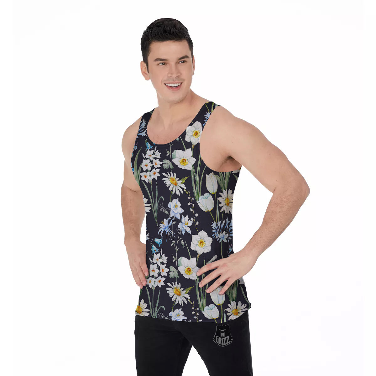 Flower White Daffodil Print Pattern Men's Tank Top-grizzshop