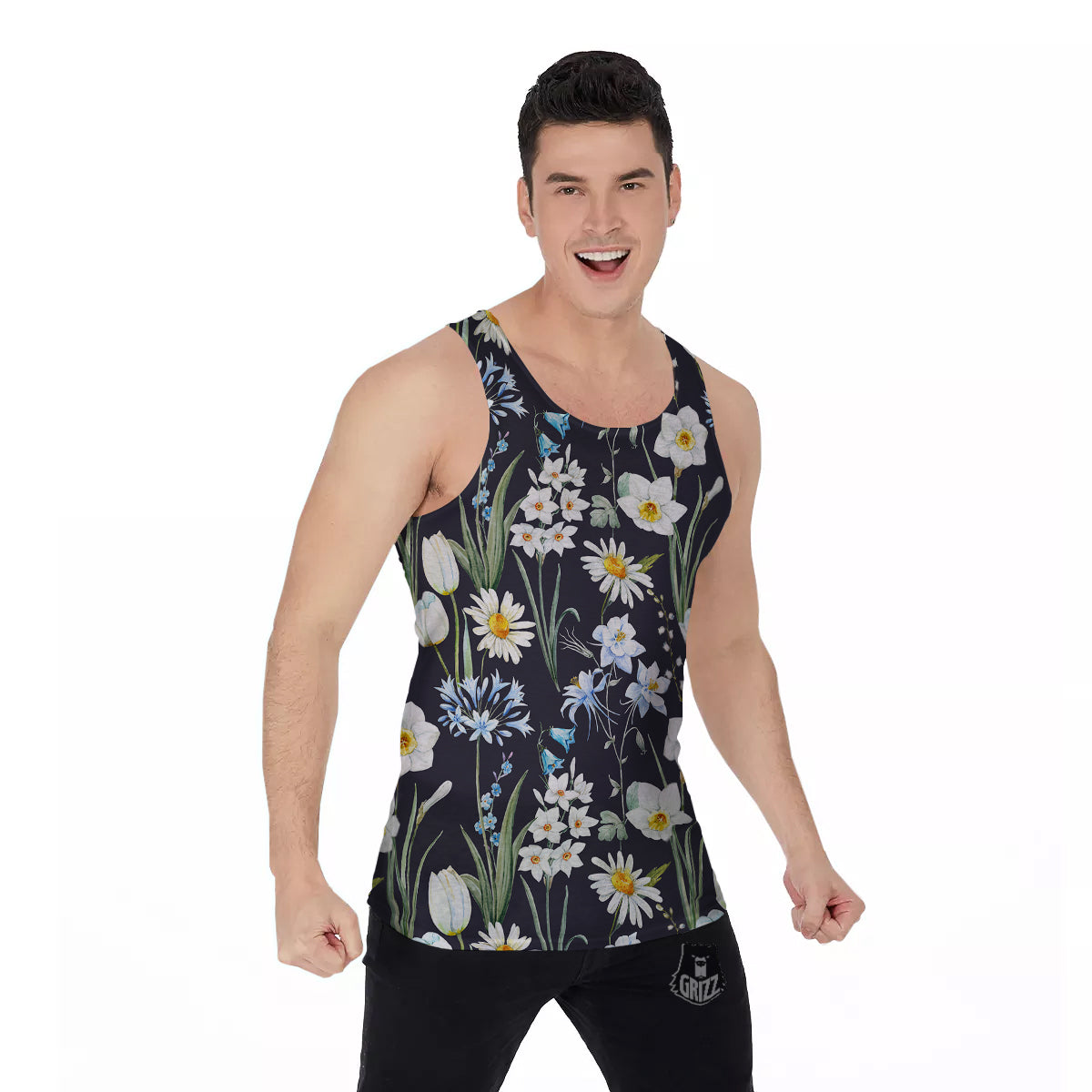 Flower White Daffodil Print Pattern Men's Tank Top-grizzshop