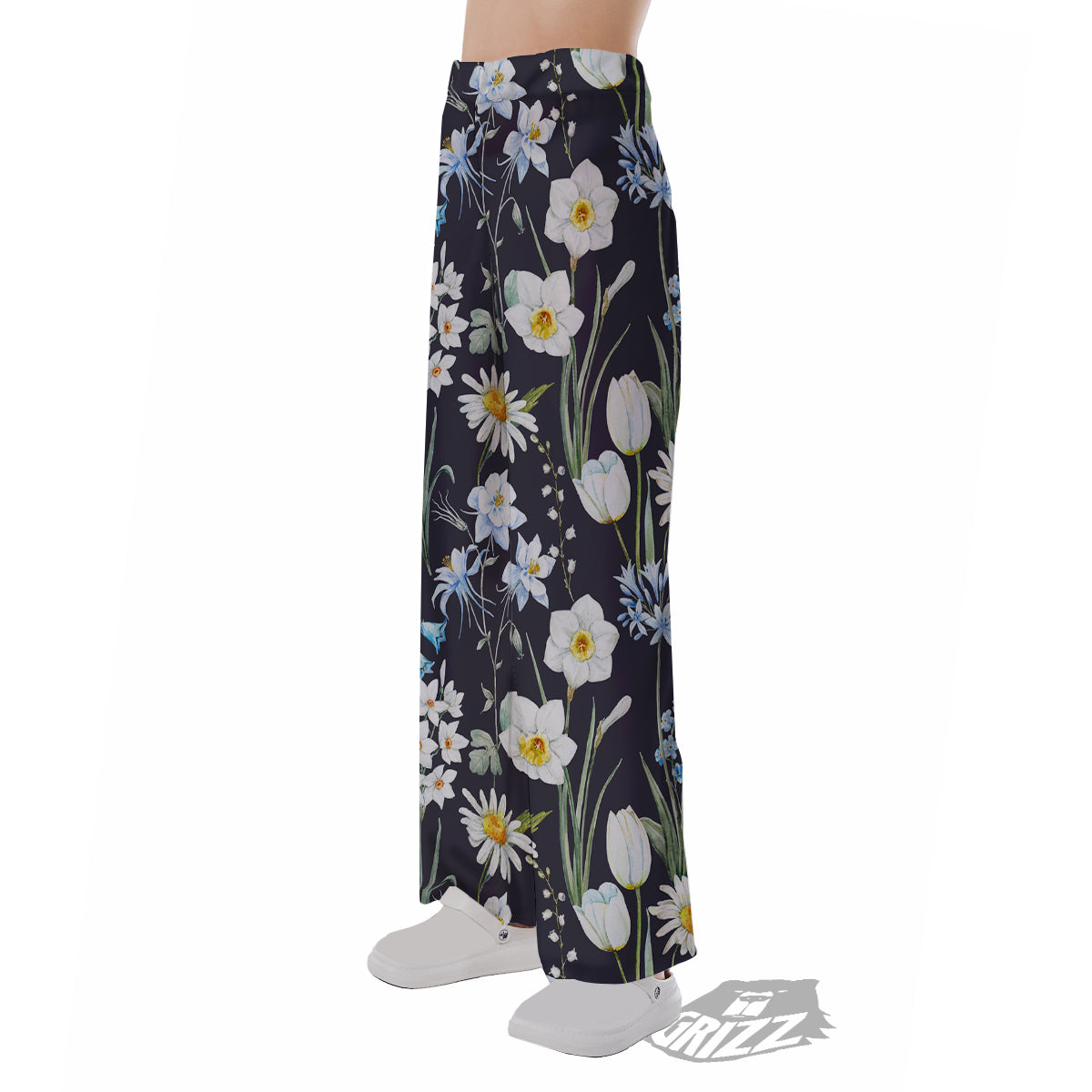 Flower White Daffodil Print Pattern Pajama Pants-grizzshop