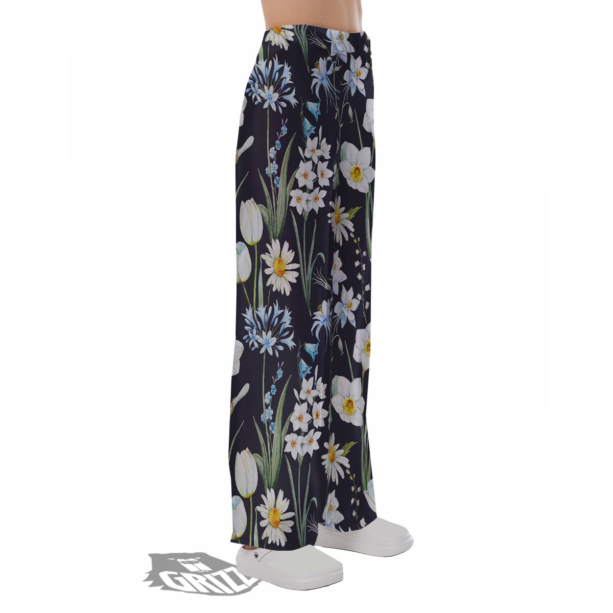 Flower White Daffodil Print Pattern Pajama Pants-grizzshop