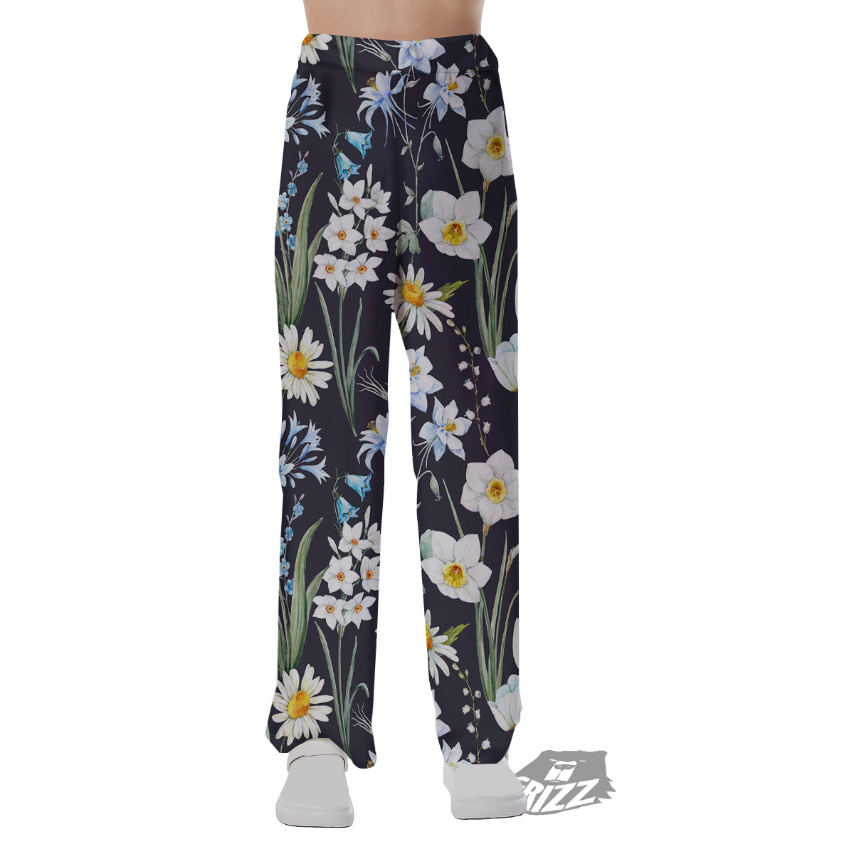 Flower White Daffodil Print Pattern Pajama Pants-grizzshop