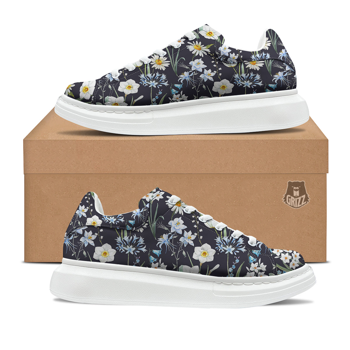 Flower White Daffodil Print Pattern Platform Shoes-grizzshop